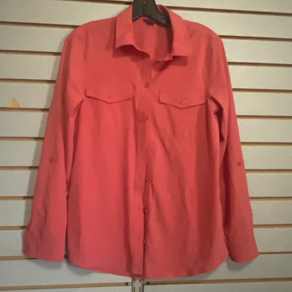 Eddie Bauer Womens Departure Shirt Coral Long Sleeve Roll Tab Button Up Small